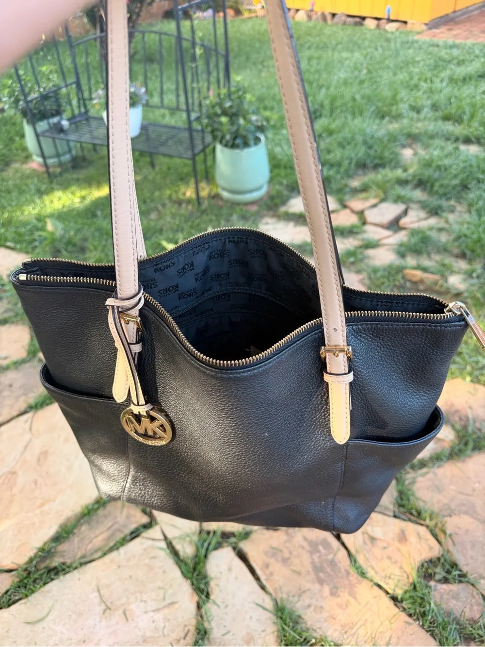 Michael Kors Black Leather Tote with Light Beige Straps